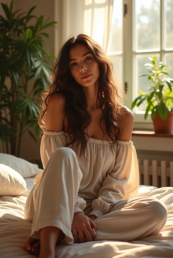 (photorealism:1.2), beautiful woman, sitting on bed, wearing loose off-shoulder top, pajama pants, long curly hair, indoors, soft lighting, plants in background, window with sunlight, cozy room, relaxed pose, realistic, intricate details, warm colors, by Greg Rutkowski, by Alphonse Mucha