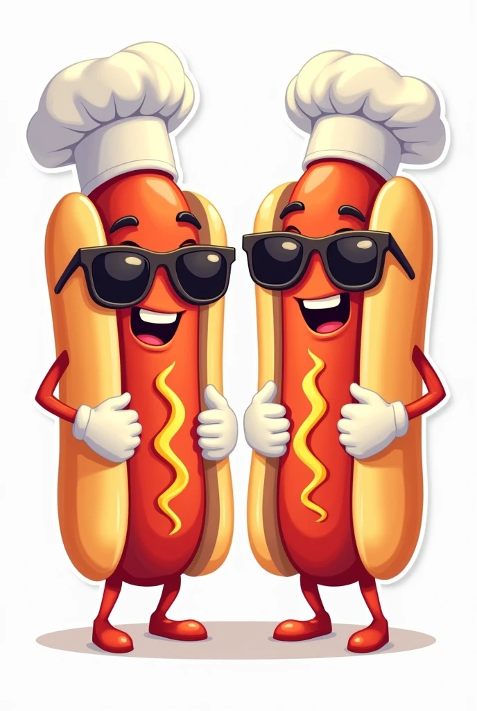 Fast Food logos: 2 hotdogs characters vector flat illustration both with white gloves hands in cartoon with sunglasses, and chef white hat : Sticker