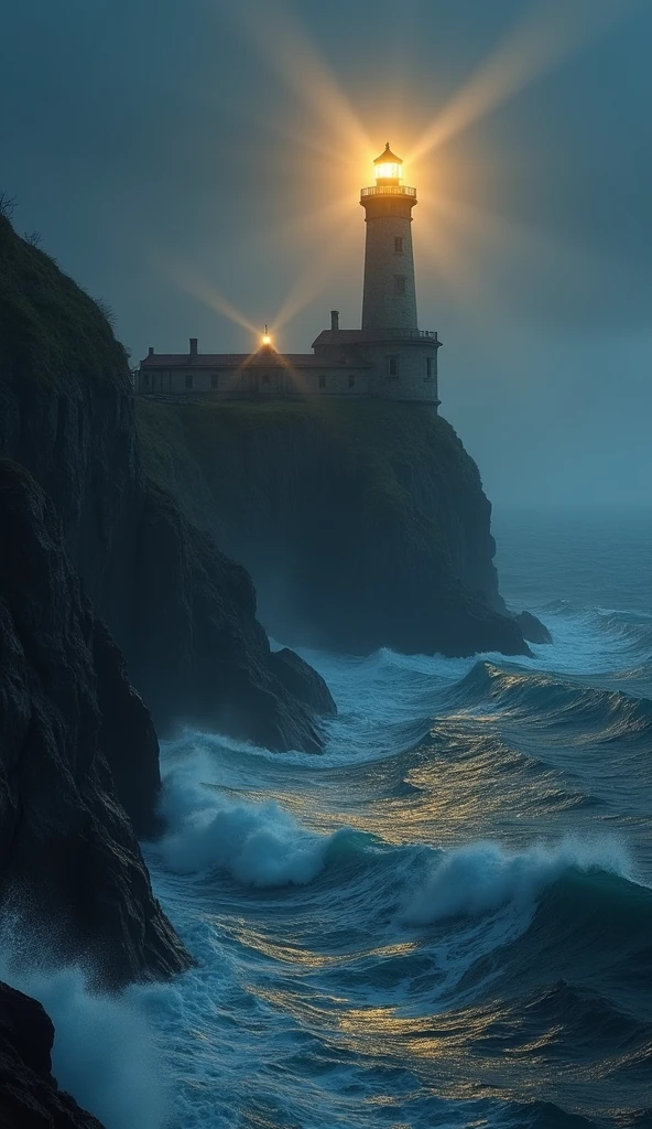 A glowing lighthouse on a cliff, shining its powerful beam across a dark ocean, symbolizing the idea of shining your light brightly and inspiring others. The waves crashing below represent life’s challenges, but the steady beam of light cuts through them, offering guidance and hope.