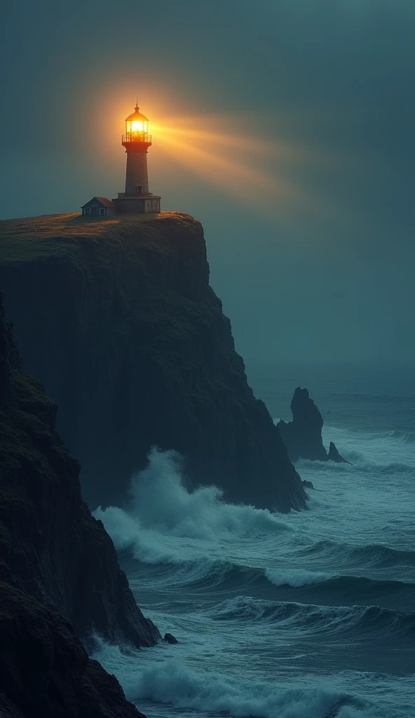 A glowing lighthouse on a cliff, shining its powerful beam across a dark ocean, symbolizing the idea of shining your light brightly and inspiring others. The waves crashing below represent life’s challenges, but the steady beam of light cuts through them, offering guidance and hope.