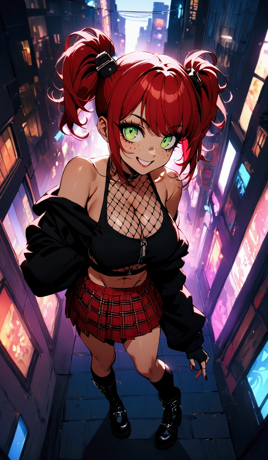 woman, grin, curly red hair in pig tails, green eyes, black eyeshadow, wearing crop top black shirt, black oversized zip up hoodie, red plaid skirt, black knee high boots, black fingerless gloves, exposed shoulders, large breasts, freckles, abs, cleavage, looking up at viewer, cinematic lighting, masterpiece, best quality, Holo-Punk Style, in the city, make up, eyelashes, fish net undershirt, fish net stockings, (full body)