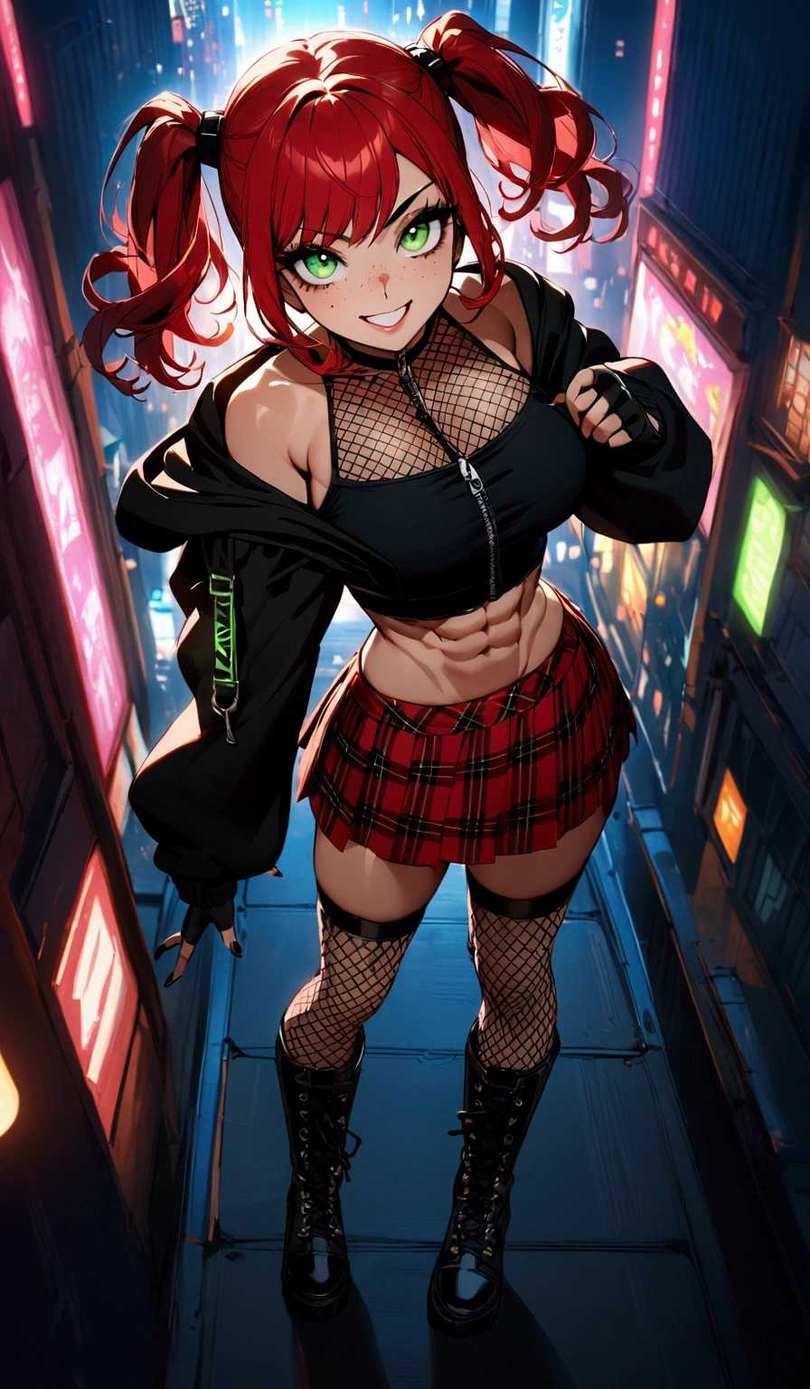woman, grin, curly red hair in pig tails, green eyes, black eyeshadow, wearing crop top black shirt, black oversized zip up hoodie, red plaid skirt, black knee high boots, black fingerless gloves, exposed shoulders, large breasts, freckles, abs, cleavage, looking up at viewer, cinematic lighting, masterpiece, best quality, Holo-Punk Style, in the city, make up, eyelashes, fish net undershirt, fish net stockings, (full body)