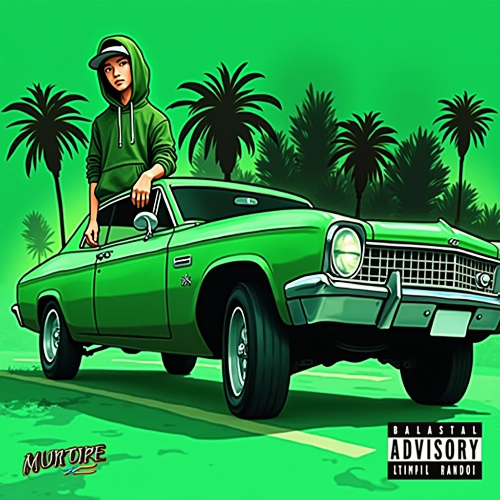 G-FUNK Hip Hop Album Cover, Green Background, Green Car, WONA G FUNK. Let an Asian teen troublemaker boy come out with a hoodie and a ball cap pressed deep