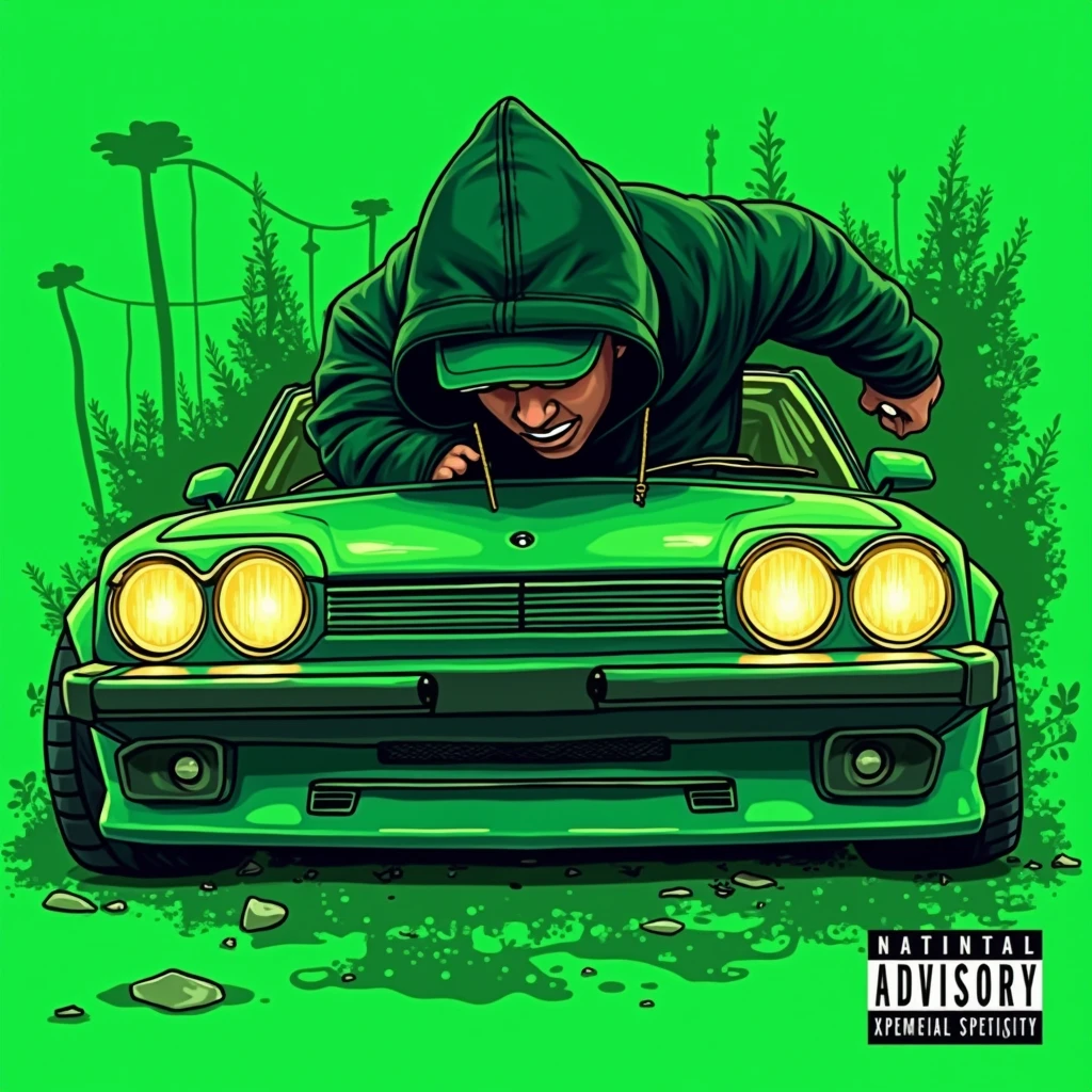 G-FUNK Hip Hop Album Cover, Green Background, Green Car, WONA G FUNK. Let an Asian teen troublemaker boy come out with a hoodie and a ball cap pressed deep