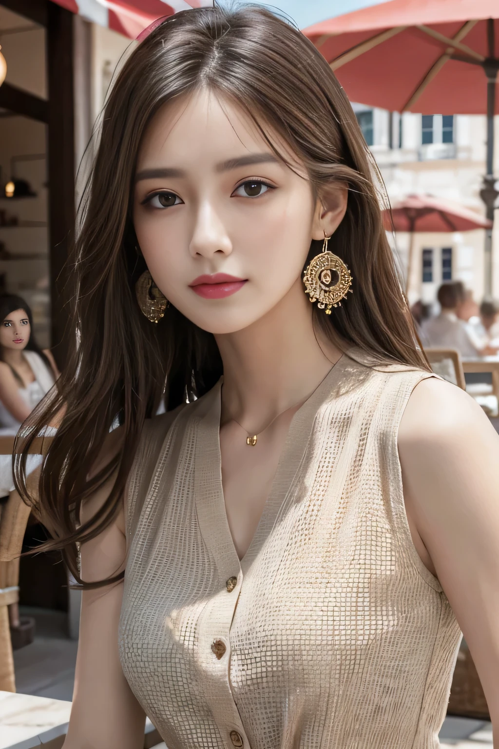 masterpiece, Highest quality, Realistic, Very detailed, Finer details, High resolution, 8k wallpaper, One beautiful woman,Wear a nice blouse, On the terrace of a lovely cafe, at noon, Light brown messy hair, Perfect dynamic composition, Beautiful and beautiful eyes、Big earrings、Sleeveless shirt、