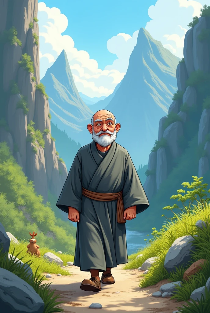 Cartoon version of a middle-aged man wearing gray monk clothes walking into the mountains with great strength