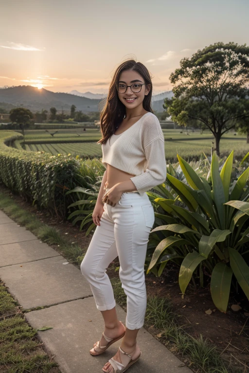 Young sweet beautiful Bogor city girl standing cheerful on wide rice field near Bogor, descent mixed from sundanese and javanese and Arabic, little breasts, straight very short thin hairs with a bangs, very very slim body, have big greek nose, tirus slim face, wide forehead, big eyes, little sexy mouth, heavy down lip, thin uper lip, charm and cute girl, her name is Dewi, very sweet and harmful smile, in the sunny fresh sunset, georgeus sweet face, slim body, 1, student of agriculture university, wearing 80's style big size white long sleeve long sweater, wearing unbuttoned pulled down not sexy white thin trousers in late 80' years era mode and style, wearing wedges shoes, very realistic, very natural, very realistic, all body from head to toes view, wind blowing so strong and blowing everything, straight bob style slim hairs with a bangs blown by the very strong wind, salak mountain as background, beautiful sunset and beautiful girl, sweet romantic moment that can't forget, wearing glasses, she is very in love to me,