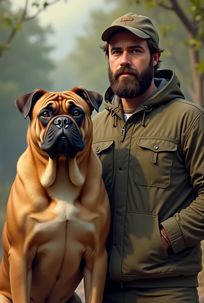 Animal Medium light brown dog, sharpei and boxer breed, with wrinkled face and muscular next to bearded man, short, short straight hair and thick eyebrows with a cap