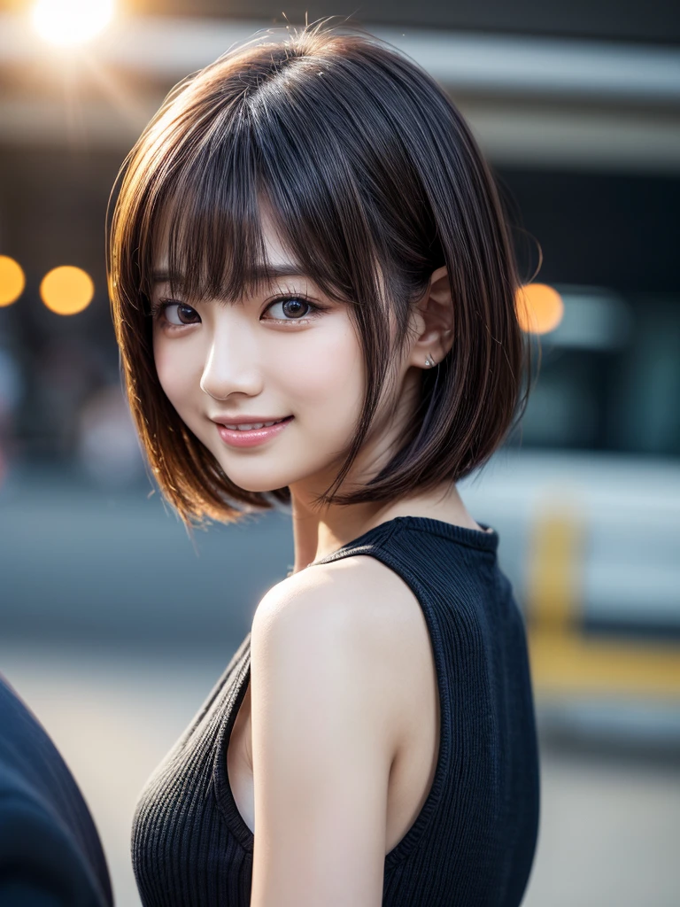 Tabletop, Highest quality, Realistic, Very detailed, finely, High resolution, 8k wallpaper, Cinema Lighting、1 person、Beautiful Japanese Women、30 years old、light brown straight bob hair, Wear a business suit, (Blurred Background、Station platform、noon、Light of the sun)、Sharp focus, Perfect dynamic composition, Narrow eyes:1.5, finelyて美しい目, Thin Hair, Detailed and Realistic skin texture, (Smile:1.3), (Tilt your head), Close-up portrait, Model body type