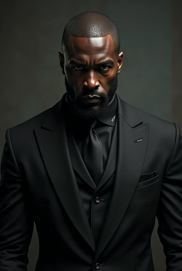 man in suit, mellow, Cao Cao, dark-skinned, piercing look, strong arms