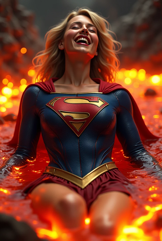 A SEXY SUPERGIRL WEARING A TIGHT FORM FITTING BLUE SUPERGIRL COSTUME AND RED SUPERGIRL CAPE SUBMERGED IN HOT LAVA AS THE LAVA SEEPS INTO HER VAGINA AND CLIT, PARTIALLY NUDE, ARCHED BACK MOANING AS SHE GRABS HER BIG PLENTUFUL SUPERGIRL BOOBS.INCREDIBLY DETAILED GLOWING SKIN, INCREDIBLEY DETAILED FACE, INCREDIDBLEY DETAILED CLOTHING, TEXTURED SKIN PORES, TEXTURED HAIR, 8K ABSURD RESOLUTION, MASTERPIECE. PHOTO REALSITIC, HYPER REALISTIC.16K RESOLUTION. PREFESSIONAL GRADE IMAGE.