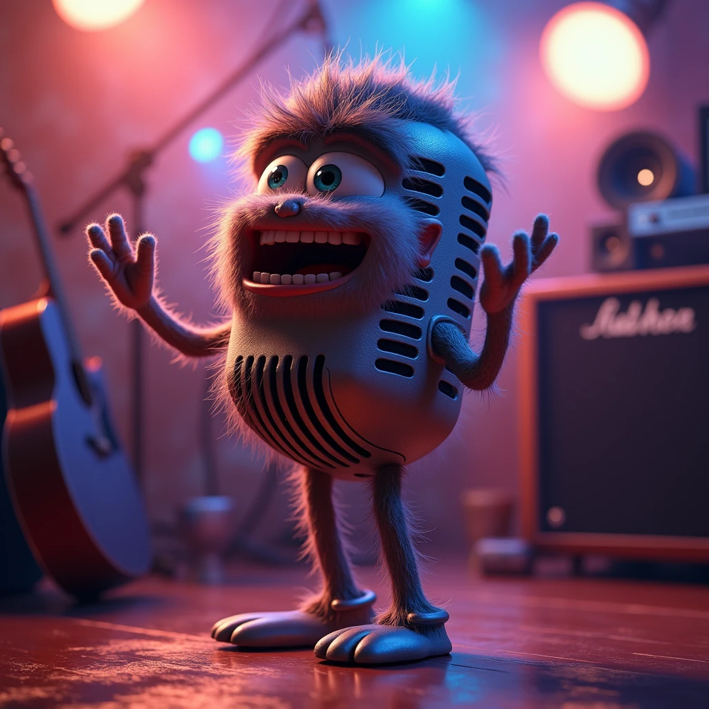 I want an image of a very animated microphone
