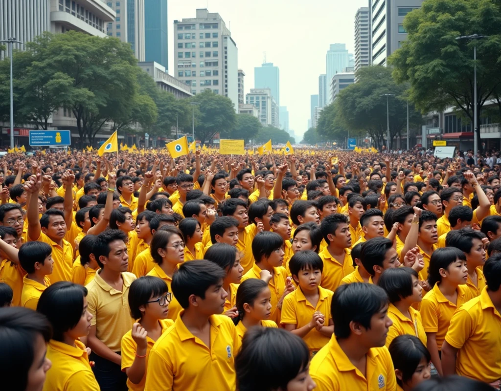 Massive crowd protesting in the street of EDSA in 1986, wearing yellow clothes or tying yellow ribbons on their wrist