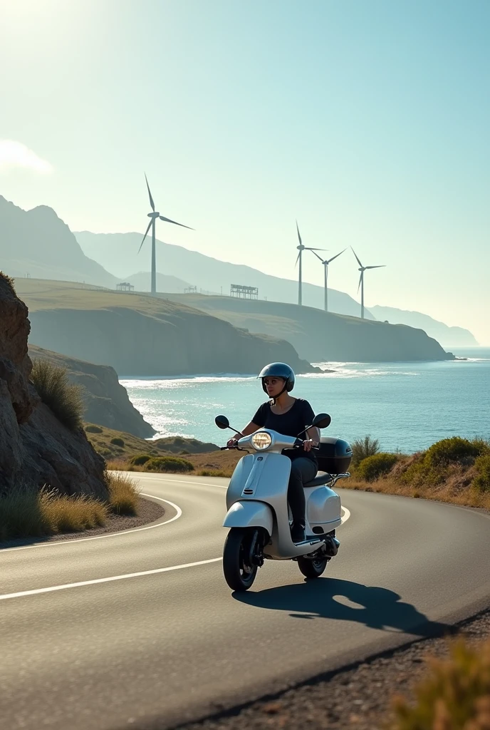 A road along a stunning coastline, with a person driving an electric Vespa gliding smoothly. Ao fundo, a wind farm and a field of solar panels reflect a commitment to clean energy.