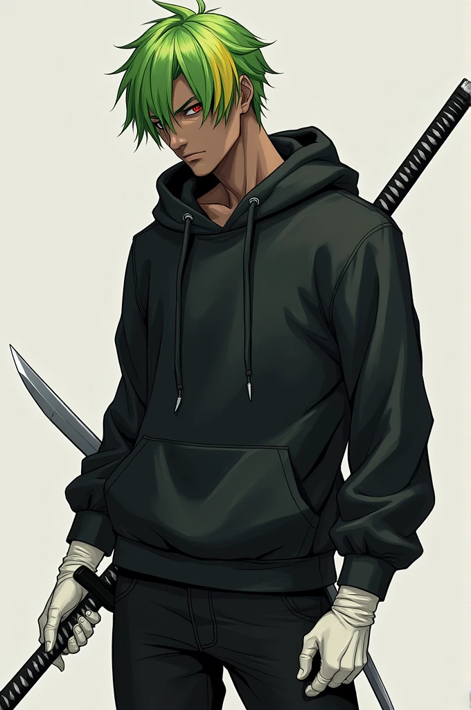 Man with green hair and yellow tips and red eyes with a katana, with a black sweatshirt with a hood and soft black pants with white gloves, dark skin tone, more clearly, with a psychopathic look, with some black and white tennis boots and 2 medium knives