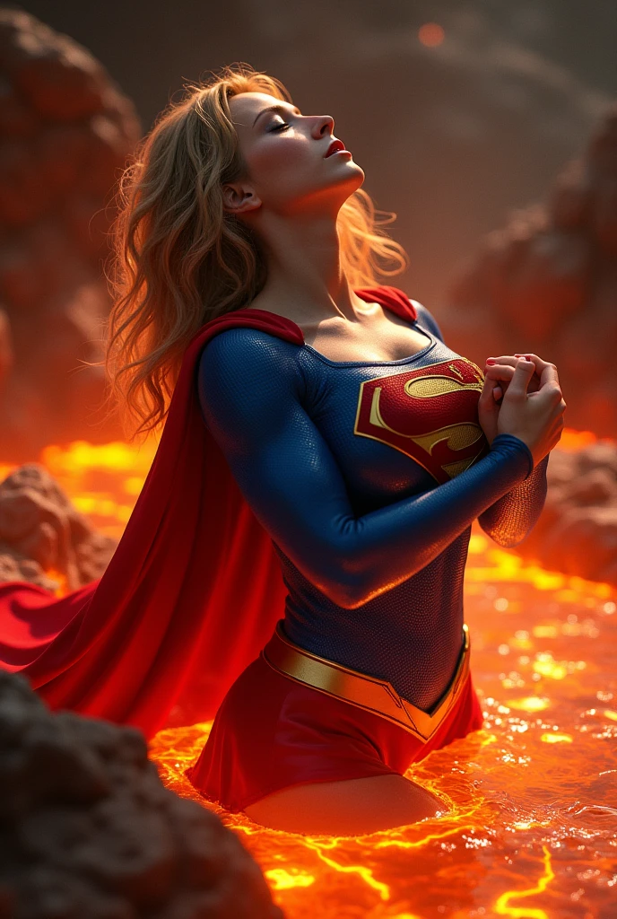 A SEXY SUPERGIRL WEARING A TIGHT FORM FITTING BLUE SUPERGIRL COSTUME AND RED SUPERGIRL CAPE SUBMERGED IN HOT LAVA AS THE LAVA SEEPS INTO HER VAGINA AND CLIT, PARTIALLY NUDE, ARCHED BACK MOANING AS SHE GRABS HER BIG PLENTUFUL SUPERGIRL BOOBS.INCREDIBLY DETAILED GLOWING SKIN, INCREDIBLEY DETAILED FACE, INCREDIDBLEY DETAILED CLOTHING, TEXTURED SKIN PORES, TEXTURED HAIR, 8K ABSURD RESOLUTION, MASTERPIECE. PHOTO REALSITIC, HYPER REALISTIC.16K RESOLUTION. PREFESSIONAL GRADE IMAGE.