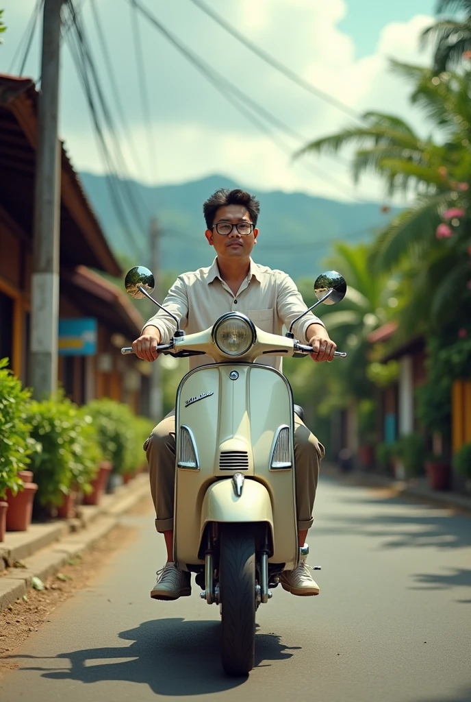 One Asiatic malay man, 32 year ,glasses,casual shirt, cargo pants, sneakers rides vespa kalsik's motorcycle in the beautiful village outdoors, the image is very detailed, super HD
