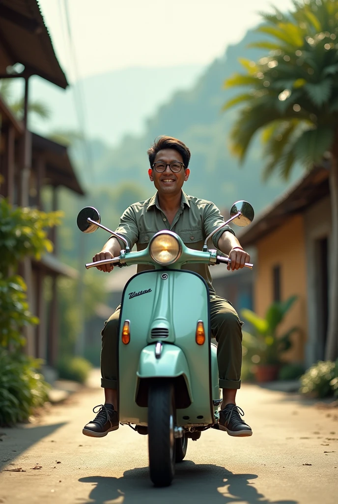 One Asiatic malay man, 32 year ,glasses,casual shirt, cargo pants, sneakers rides vespa kalsik's motorcycle in the beautiful village outdoors, the image is very detailed, super HD