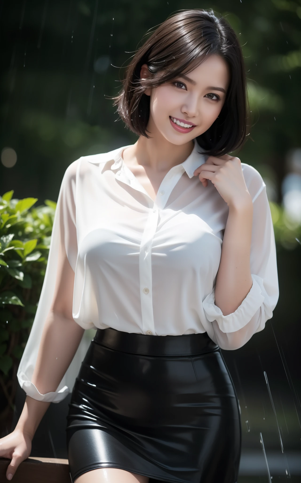 best quality, photorealistic, 8k, high res, 1girl, woman, (skindentation), (professional lighting), (portrait:0.6), (soaked White blouse, soaked Dark Skirt, ), gorgeous, (soaked short black hair:1), ((looking at viewer:1.5)), photorealistic, (bokeh), (dynamic pose:1.2), intense lighting to face area, lips, (teeth:1.3), smile, Dark Clouds, heavy rain, realistic rain effect