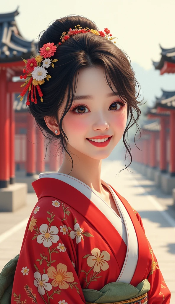 A beautiful young woman wearing brightly colored Japanese clothing、A charming expression、The upper white teeth are visible、Japanese clothing with red floral pattern on a white background、((SeaArt creates beautiful women in kimono))、Full Body Shot、background、Shrines and temples、The atmosphere is like that of a Japanese Ukiyo-e painting.、