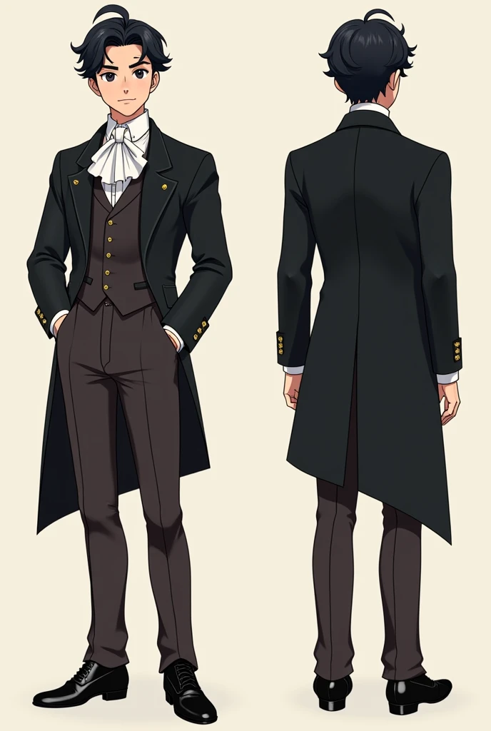An anime character from Mapa Studio that is inspired by Diego Guerrero, a 14-year-old Chilean actor., in formal attire 19th century ,20 years old And that it is full body from the front,in three quarters and from the back More similarity to Diego Guerrero