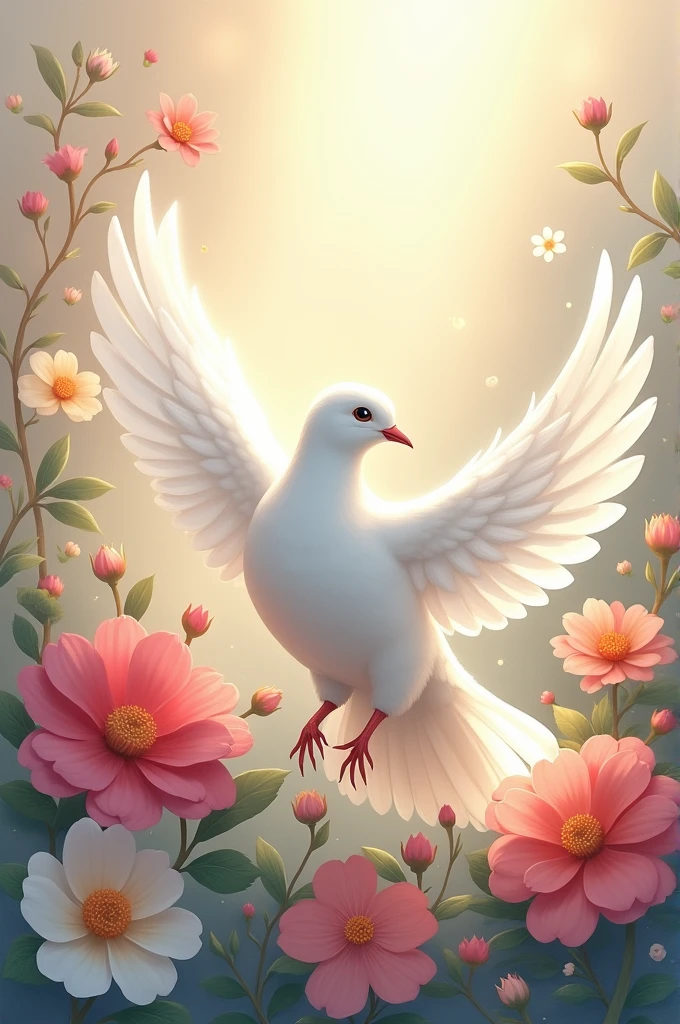 Drawing of peace,flores ,a white dove ,colors