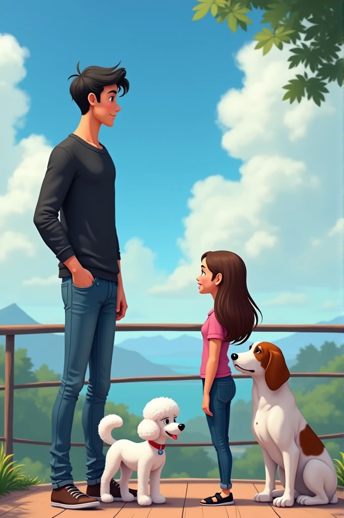 an animated image showing a tall young man, delgado, strong, moreno, black hair, dressed in jeans and a long-sleeved black shirt, to a young woman, long brown hair, short stature, slim, White skin, dressed in jeans and a pink shirt,sitting on a viewing platform accompanied by a white French poodle, small size, a medium-sized long-haired Maltese dog and a large-sized white female dog with brown spots on her back and brown ears