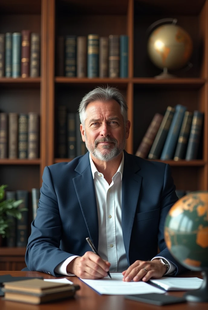 (photorealism:1.2), man in a realistic office wearing a suit,books in standards and a globe to make the book clearer