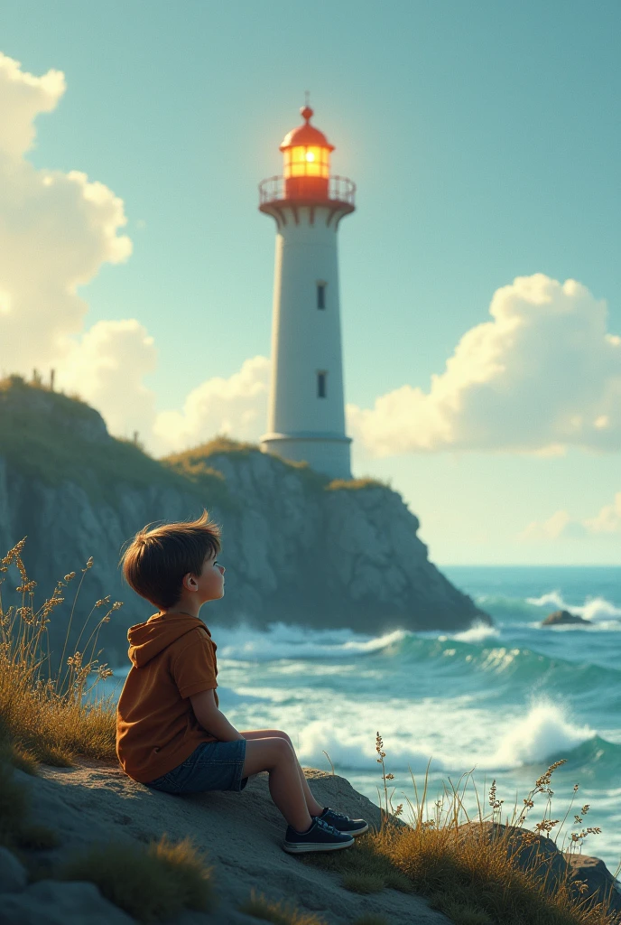A boy sitting under the lighthouse at ocean