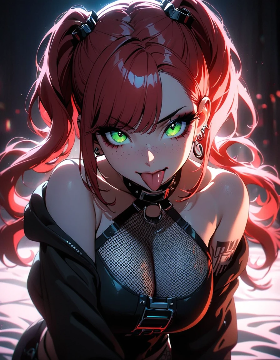 woman, curly red hair in pig tails, green eyes, eye shadow, black hoodie, black finger-less gloves, exposed shoulders, large breasts, freckles, cleavage, fishnet undershirt, looking at viewer, Holo-Punk Style, goth, earrings, eyelashes, makeup, solo, tattoo, punk aesthetic, cinematic lighting, masterpiece, best quality, face close up, sticking tongue out, two fingers