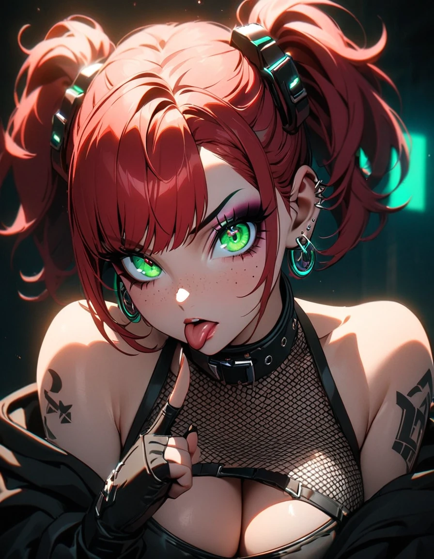 woman, curly red hair in pig tails, green eyes, eye shadow, black hoodie, black finger-less gloves, exposed shoulders, large breasts, freckles, cleavage, fishnet undershirt, looking at viewer, Holo-Punk Style, goth, earrings, eyelashes, makeup, solo, tattoo, punk aesthetic, cinematic lighting, masterpiece, best quality, face close up, sticking tongue out, two fingers