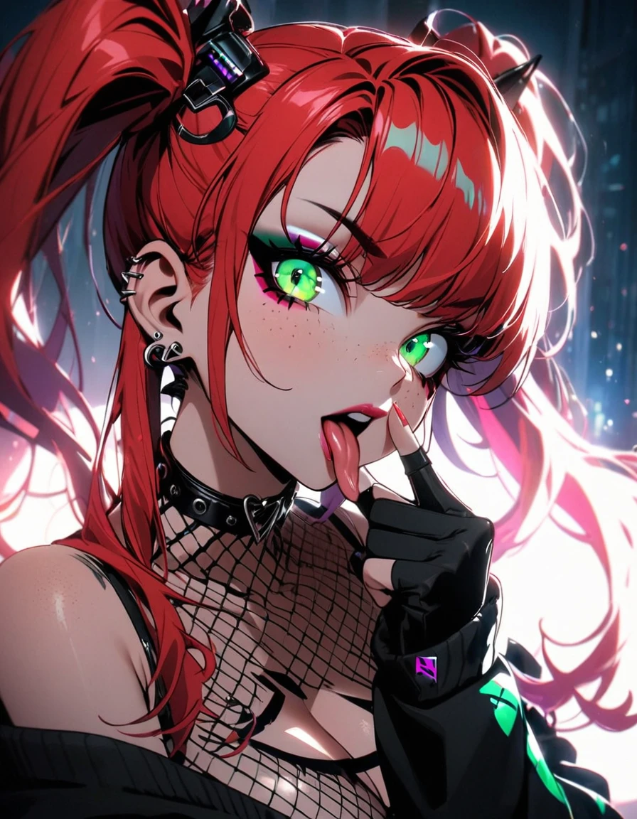 woman, curly red hair in pig tails, green eyes, eye shadow, black hoodie, black finger-less gloves, exposed shoulders, large breasts, freckles, cleavage, fishnet undershirt, looking at viewer, Holo-Punk Style, goth, earrings, eyelashes, makeup, solo, tattoo, punk aesthetic, cinematic lighting, masterpiece, best quality, face close up, sticking tongue out, two fingers