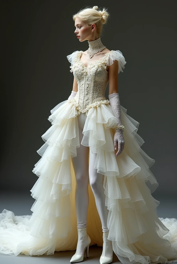 thin androgynous man, with blonde hair, rococo wedding dress. She wears a unique outfit that combines a dress with very tight dress pants.. The trousers are complemented by an impressive dress train that starts from the waist., with lots of tulle and lace. the top, a high neck with full lace at the waist, sleeveless short sleeves without transparencies, decorated with delicate ruffles and glassware details that add a touch of luxury. The ensemble is completed with a bridal veil in layers of more than five meters., elbow length lace gloves