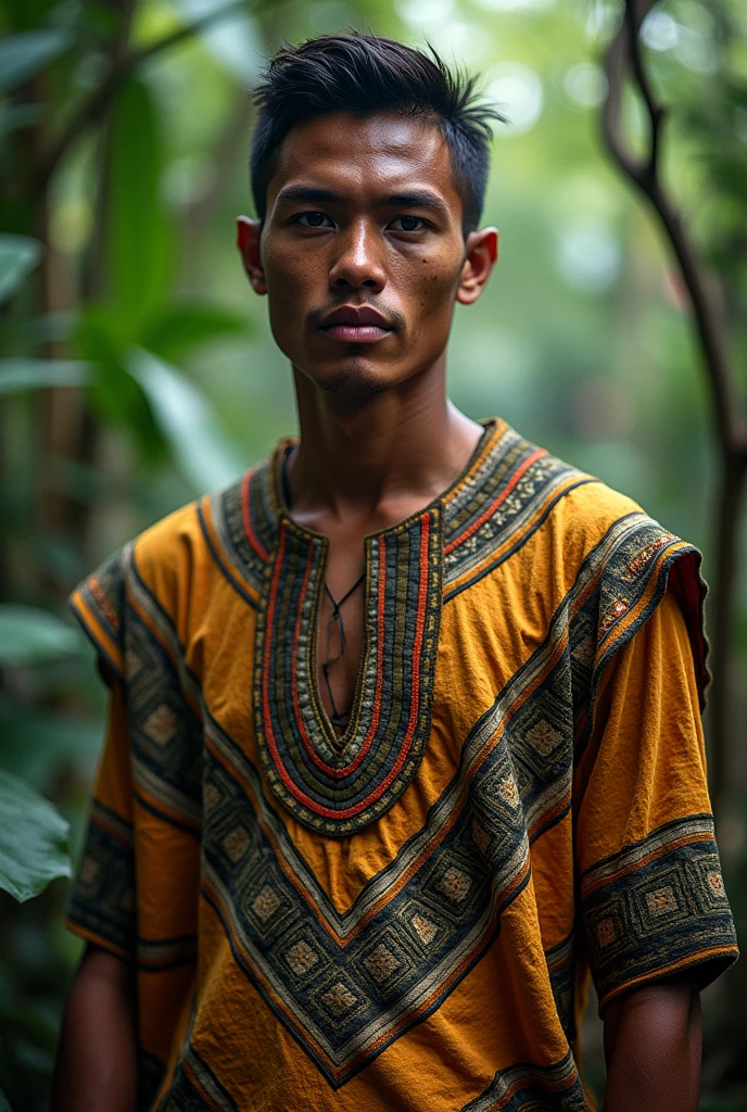 Show me a man between 20 and 30 years old from the Shipibo Konibo culture and his clothing, which is a tunic with a texture and a kené print in the form of squares and with an ayahuasca background. 