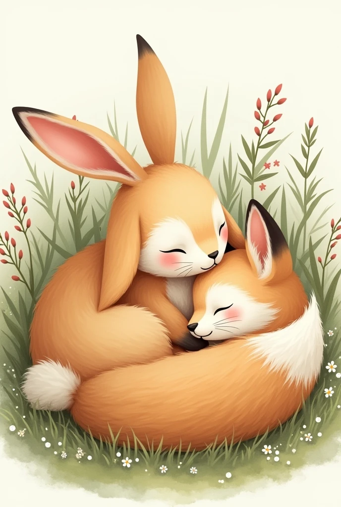 Drawing of a rabbit with drooping ears and a fox sleeping together.