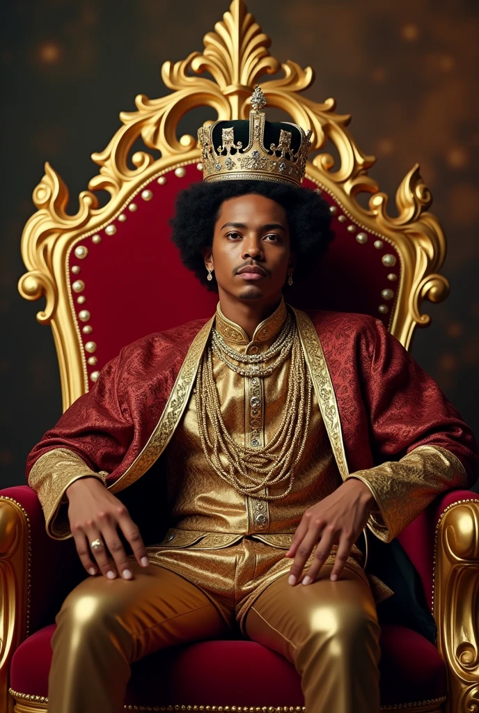Bruno Mars sitting in his palace like the king of pop with a king's crown and on his throne