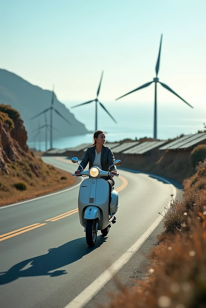 A road along a stunning coastline, with a person driving an electric Vespa gliding smoothly. Ao fundo, a wind farm and a field of solar panels reflect a commitment to clean energy.