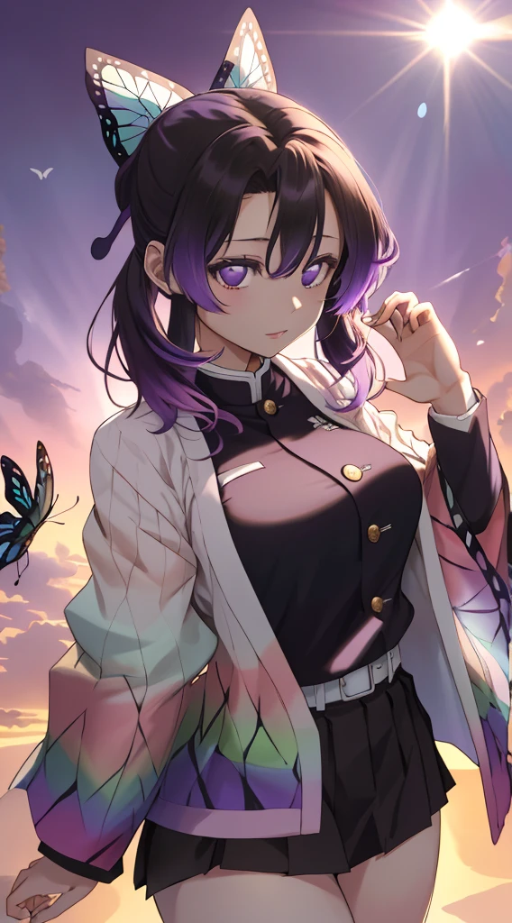 Kochou Shinobu, 1girl,masterpiece, multicolored hair,sleeveless, purple eyes, black jacket,black skirt,uniform, white haori, , multiple butterflies, , laked sunset, lens flare, perfect lighting, highest quality, hands behind, thick thighs, large breasts, highest quality, high resolution, En bikini