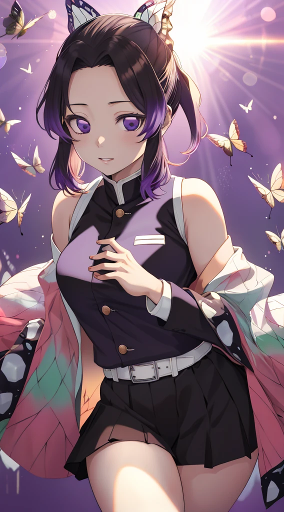 Kochou Shinobu, 1girl,masterpiece, multicolored hair,sleeveless, purple eyes, black jacket,black skirt,uniform, white haori, , multiple butterflies, , laked sunset, lens flare, perfect lighting, highest quality, hands behind, thick thighs, large breasts, highest quality, high resolution, En bikini
