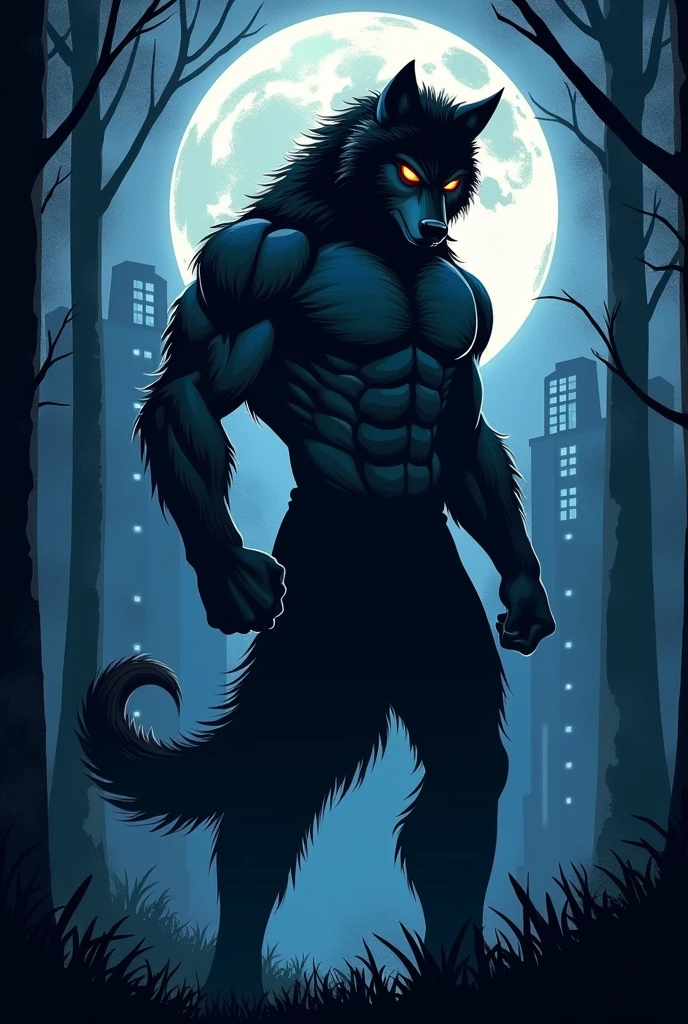 a wolf is standing in the background next to a full moon with gym on the skyline, forest, 1boy, furry male, male focus, muscular, furry, solo, abs, night, full moon, werewolf, tail, attractive pose, massive ????, 