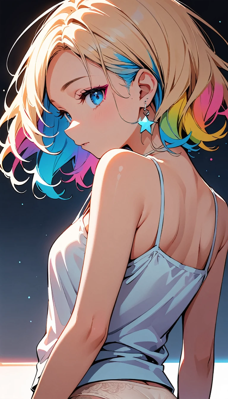 (high quality, 8k, 4K, High Contrast, masterpiece:1.2, 最high quality, Best aesthetics), (Dynamic Angle), ((1 female teen)), (Full Shot), ((Plain and bright background)), ((Flat Color)),(The top half is beige and has a plain camisole), (Beige lace panties are fully visible), Turning his back, Posture with buttocks sticking out, Looking at the audience, Upper Body, Transparent Background, Sleepy eyes, High Contrast, Contrasting colors, , Pale pink and blue lighting, ((Short Hair)) , Rainbow Hair, Small star-shaped earrings in both ears, watch, bright eyeshadow, Cool look, Angle of view that allows space above the head to see the background,
