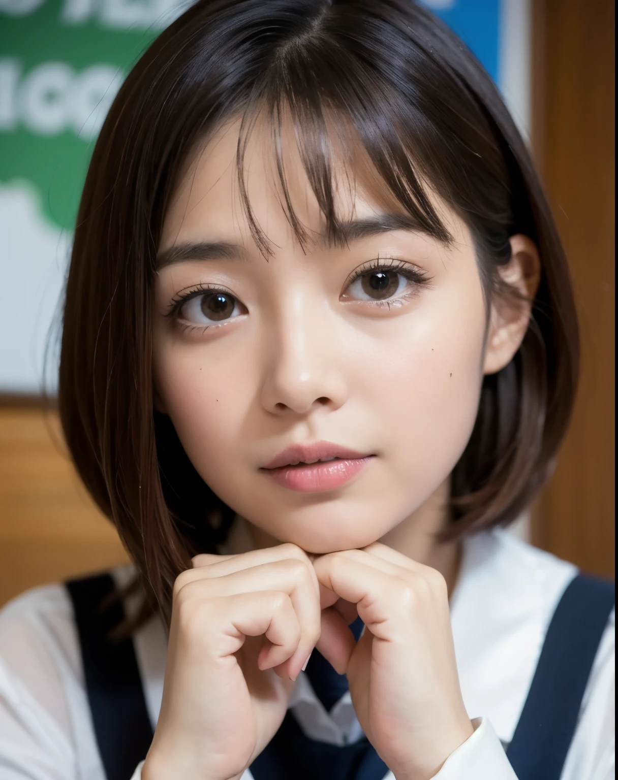 ((Highest quality)), ((masterpiece)), (detailed), One person, cute、Shortcuts、Similar to Satomi Ishihara、Beautiful face in every detail, (Small box),(人間の肌の質感の高解像度のdetailed), (Short Bob Hair), break, In the classroom,Navy uniform, Best, skirt、Face close-up