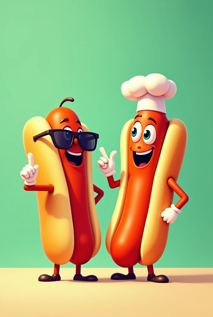 (best quality,4k,8k,highres,masterpiece:1.2),ultra-detailed,(realistic,photorealistic,photo-realistic:1.37),2 hotdogs characters,vector flat illustration,cartoon style,sunglasses,chef white hat,white gloves hands,sticker,green background,different character sizes,dynamic,vibrant colors,clean design,minimalist,playful,whimsical,fun,energetic,humorous,appealing,attractive,iconic,brand mascot,brand identity,brand recognition,product design,food illustration