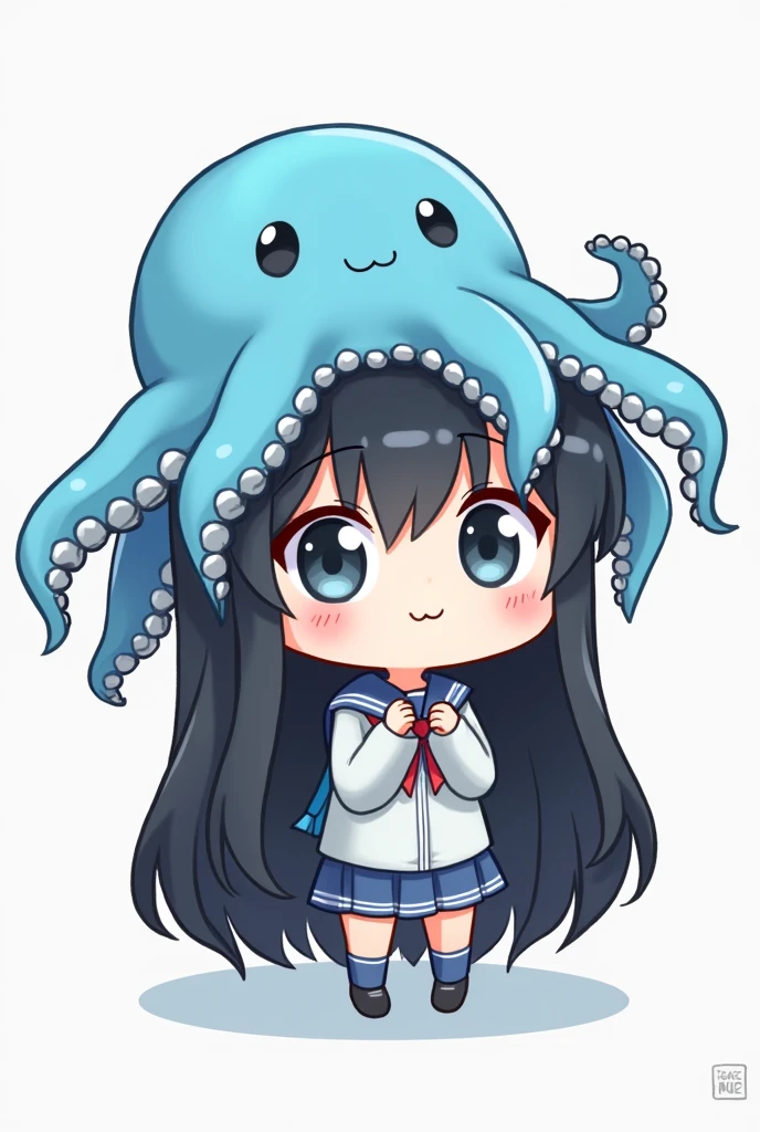 Cute girl, wearing an blue octopus hat, 2d , chibi, long hair, Tentacles hang down, black hair, anime,The octopus's tentacles hang down long,

