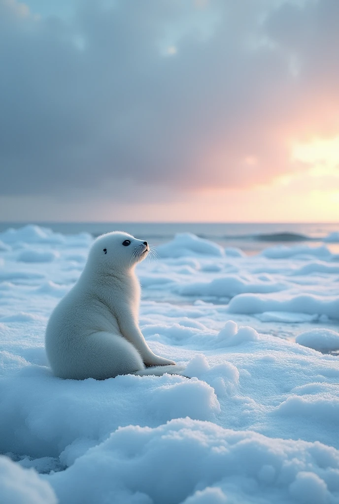 In this mesmerizing image, A cute white seal on a vast, frozen shoreline, gazing out at the endless icy ocean under a inkredible winter sky, detailed, . The scene is serene but lonely and sad, with the seal looking small against the expansive, cold landscape. The image, possibly a photograph, showcases exquisite attention to detail, with the delicate colors blending harmoniously to create a truly stunning and high-quality visual masterpiece.