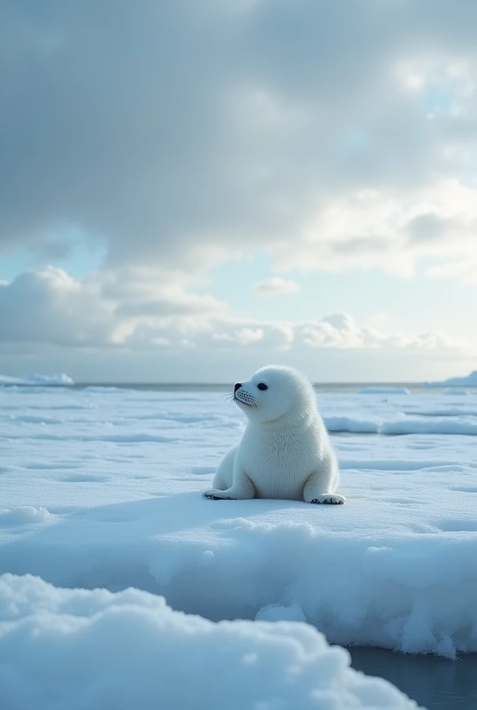 In this mesmerizing image, A cute white seal on a vast, frozen shoreline, gazing out at the endless icy ocean under a inkredible winter sky, detailed, . The scene is serene but lonely and sad, with the seal looking small against the expansive, cold landscape. The image, possibly a photograph, showcases exquisite attention to detail, with the delicate colors blending harmoniously to create a truly stunning and high-quality visual masterpiece.