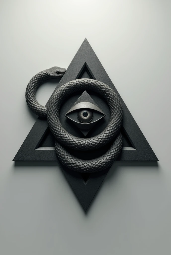 Create a 3D logo. a pyramid with an eye in its center, and a snake surrounding the pyramid. Grey and black color in the design.