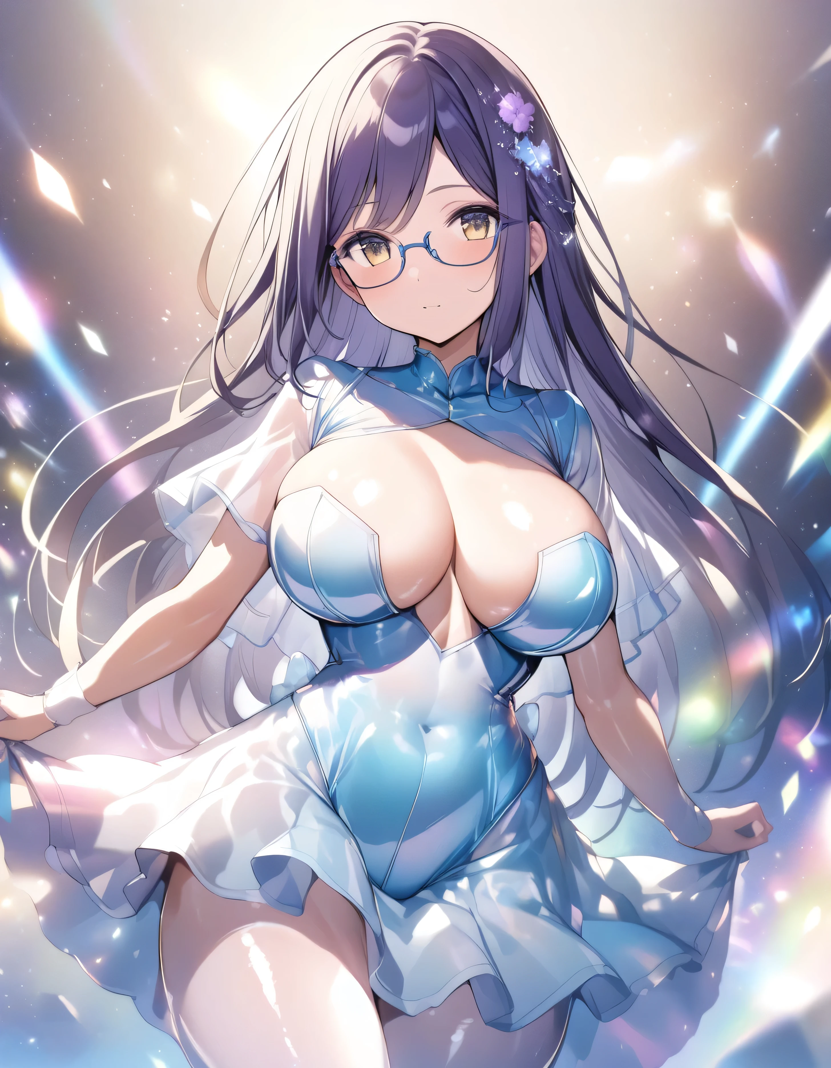 Create an anime-style illustration of a 18-year-old girl named Shizuka. She has long, straight, blue hair with bangs cut straight across her forehead. She has large, almond-shaped silver-blue eydet and porcelain-like white skin. Shizuka often wears glassdet.Shiny light blue outfit, Shiny reflective material clothes,, Lens flare, Light blue soft gradation,det.(Highest quality:1.4), (super high quality), (Very detailed)Flower Garden、Flower field with gradation、Super big breasts、J-cup big breasts、Emphasize the chest、A risqué one-piece swimsuit combat outfit、Glittering costumes、Small costumes、With skirt、A costume with glittering gradient beads、Emphasize the chest、See-through costumes、High and small nose、Long Hair、Glasses、glitter hair accessories