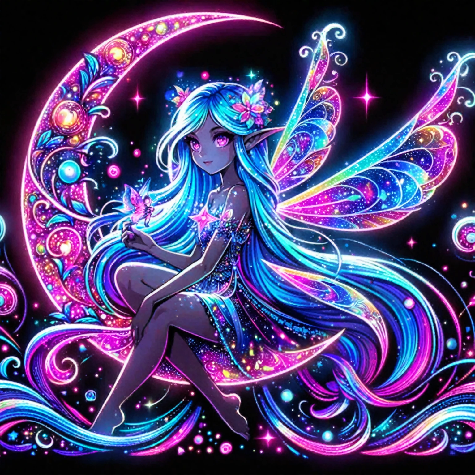 a girl with long hair sitting on a crescent with a star in her hand, astral fairy, space flower fairy, fantasy art style, colorfull digital fantasy art, neon light and fantasy, beautiful fairy, fantasy coloring, vibrant fantasy style, magical background, faerie, background artwork, magical colored theme, magically glowing, glowing magic, cute detailed digital art