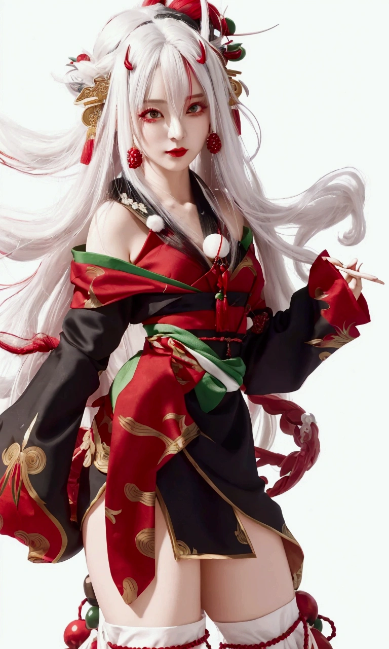 a woman in a red and black and green dress with long white hair, white haired deity, onmyoji portrait, onmyoji detailed art, onmyoji, cute waifu in a nice dress, female character